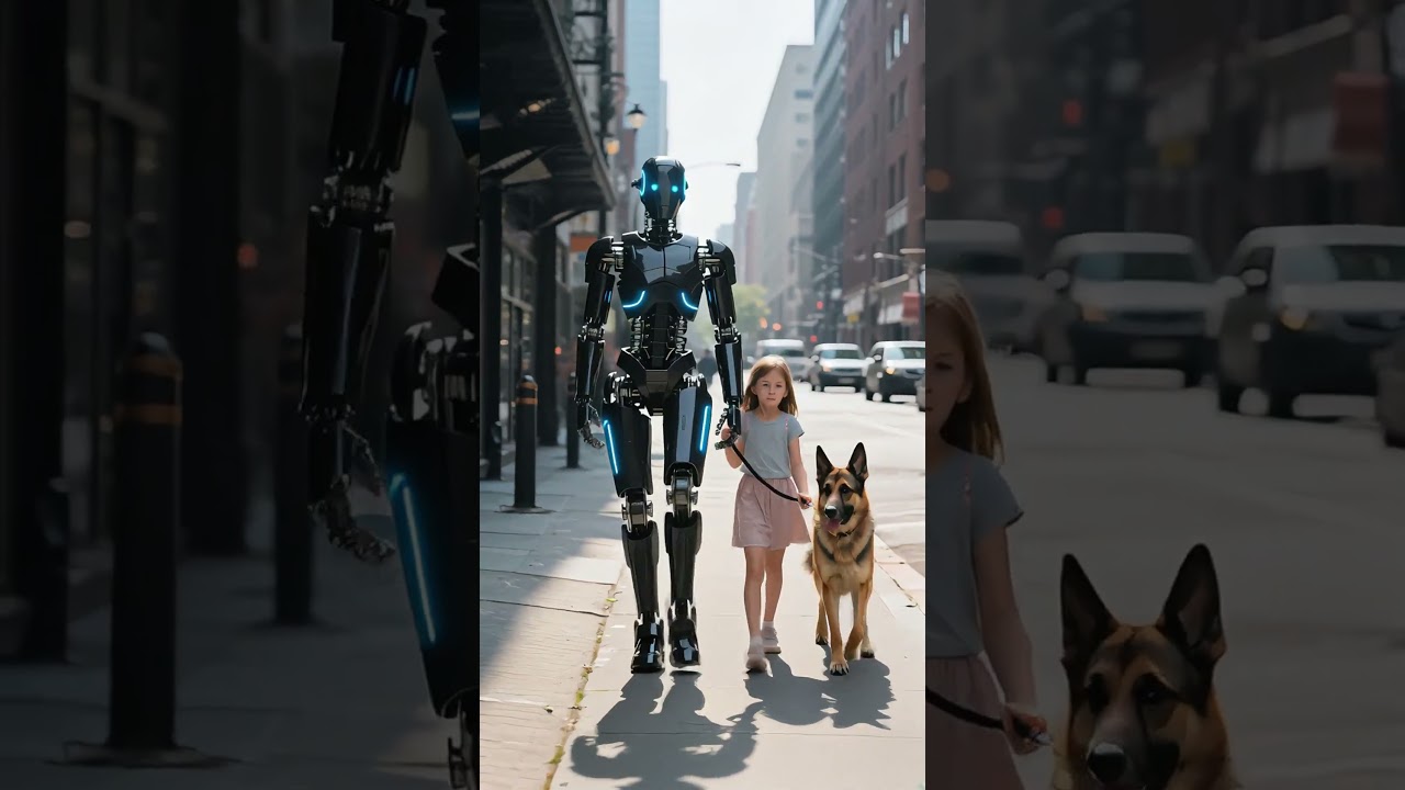 Humanoid robot en meisje wandelen over straat – innovatieve robotica voor industrie